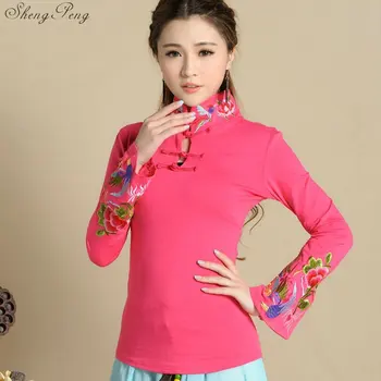 Cheongsam top tradičné čínske oblečenie pre ženy, dlhý rukáv národnej štýl topy pre ženy trend vintage tekutiny Q605