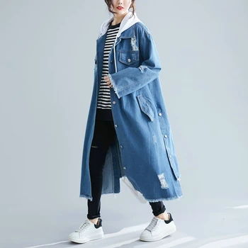 CHICEVER kórejský Čipky Denim Žien Priekopa s Kapucňou Dlhý Rukáv Nadrozmerná Bežné Hit Farba Voľné Kabát Žena 2020 Oblečenie Móda