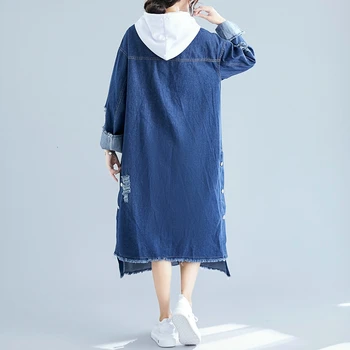 CHICEVER kórejský Čipky Denim Žien Priekopa s Kapucňou Dlhý Rukáv Nadrozmerná Bežné Hit Farba Voľné Kabát Žena 2020 Oblečenie Móda