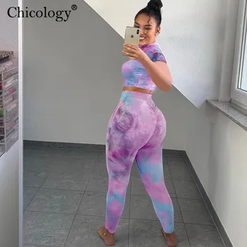 Chicology tie dye neon športové 2 kus dvoch zodpovedajúce nastavenie plodín top nohavice ženy 2020 leto, jeseň fitness oblečenie, streetwear