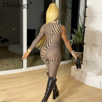Chicology Zebra Prúžok Jedného Pleca Dlhý Rukáv Jumpsuit 2020 Ženy Bodycon Sexy Club Oblečenie Zimné Jeseň Jeden Kus Tela Romper