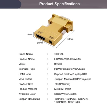 CHIPAL HDMI Female na VGA Male Converter pre Audio Adaptér Podporu 1080 Výstupného Signálu pre Multimediálne PC, Notebook, TV Box Projektor