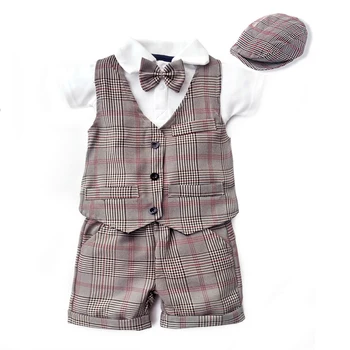 Chlapec šaty Krátke rukáv gentleman vyhovovali 2021 nové Stožiare, vesta Popruh krátke klobúk a bavlna romper 5 ks oblečenie sady chlapci oblečenie