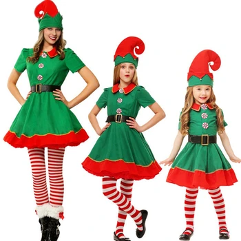 Christmas Elf Kostým Strany Rodiny Vianočné Hranie Rolí Oblečenie Zelená Santa Claus Výkon Oblečenie Maškarný Deti Dospelých