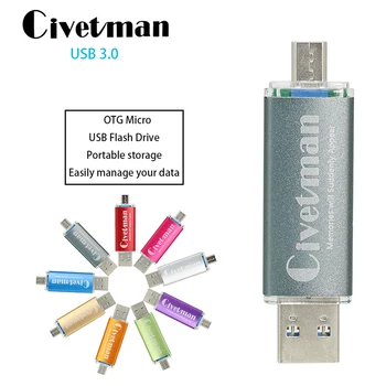 Civetman USB 3.0 Flash Disk Kovové OTG Pre Android Telefónu High Speed USB Flash 16GB 32GB 64GB 128GB Pero Jednotky Memory Stick