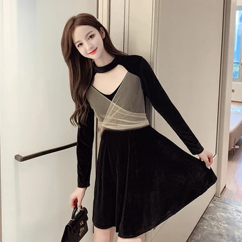COIGARSAM Ženy jednodielne šaty kórejský Pás Vysoký Pás Šaty Black D619