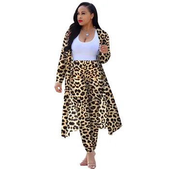 COLDKER Ženy 2 Dielna sada leopard Vytlačené Tepláky Plášť Dámske Dlhý Rukáv kabáta Nastaviť streetwear oblečenie pre dámy