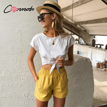Conmoto elastické vysoký pás šortky ženy príležitostné letné dovolenky tlačidlo šortky žltá kliešte streetwear vrecká šortky