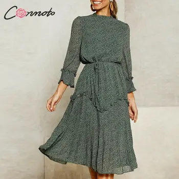 Conmoto elegantné skladaný strana dlhé šaty žien šifón tmavo zelená dlhý rukáv šaty volánikmi jeseň zima šaty vestidos