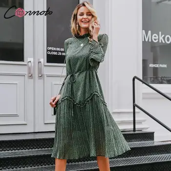 Conmoto elegantné skladaný strana dlhé šaty žien šifón tmavo zelená dlhý rukáv šaty volánikmi jeseň zima šaty vestidos