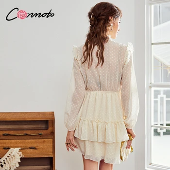 Conmoto Vintage pevné marhuľový šaty Elegantné ženy office lady bežné šaty s Dlhým rukávom žena krátke party šaty vestidos 20