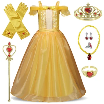 Cosplay Belle Princezná Šaty Dievčatá Šaty Pre Kráska a Zviera Deti Strany Oblečenie Magic Stick Koruny Deti Kostým 4-10Y