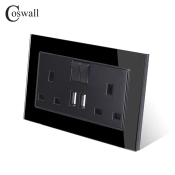 COSWALL 13A UK Štandard Switched 2 Zásuvky USB Nabíjanie Port Pre Mobilné Výstup 2.1 Sieťovej Zásuvky Krištáľové Sklo Panel Čierny Rytier