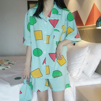 Crayon Shin-chan Pyžamá Sleepwear Nastaviť Ženy Jeseň Jar Pijamas Krátky Rukáv Odev Bavlnené Pyžamo Set s Očná Maska