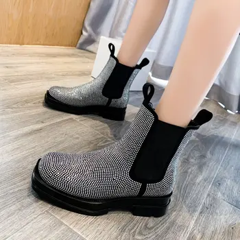 Crystal Topánky Ženy Patchwork Stretch Tkaniny Botas Zimné Platformu hrubé topánky 2020 Slip-on Chelsea Topánky Botas Mujer