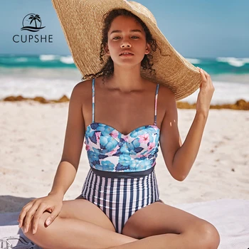 CUPSHE Sexy Modré Ibištek Kvetinové A Prúžok jednodielne Plavky Ženy Push Up Monokiny 2021 Nové Dievča Pláž, Kúpanie Vyhovuje