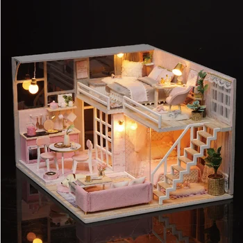 CUTE IZBA DIY miniatúrne Dom Drevená Bábika dom Nábytku Protiprachový Kryt domček pre bábiky Kit Domu Model Hračky Pre Deti Vianočný Darček