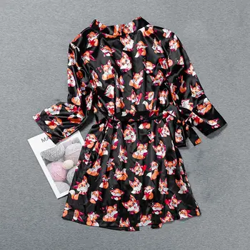 Cute Pyžamo Rúcha Satin Kimono Župan Bridesmaid, pre Ženy Sexy Nightgown tvaru Dormir Topy s Opasok Fox Tlač Sleepwear