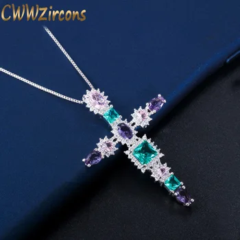 CWWZircons Farebnými Zirkónmi Crystal Elegantné Veľký Kríž Náhrdelník Prívesok pre Ženy Módne Šperky Príslušenstvo CP045