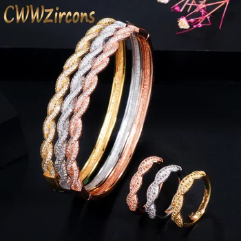 CWWZircons Twist Linky Cubic Zirconia Dubaj Rose Gold Color Otvorená Manžeta Svadobné Afriky Náramok Náramok a Prsteň, Šperky Nastaviť T458