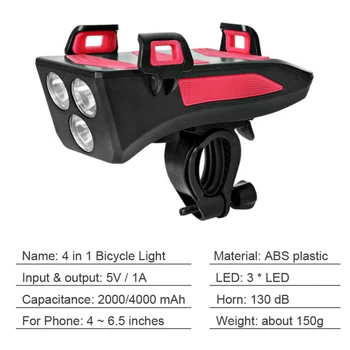 Cyklistické Svetlo 4 V 1 LED Predné Svetlo na Bicykel Multifunkčné Horn Držiaka Telefónu Power Bank Nabíjateľná Nepremokavé Cyklistické Svetlometov
