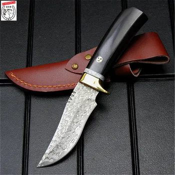 Damask vonkajšie záchranu rovný nôž s blízko-v obrannej taktiky rovný nôž north American lovecký nôž + kožené puzdro