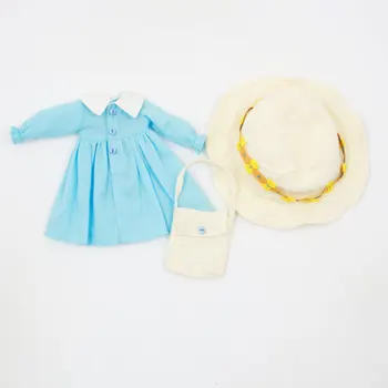 DBS Blyth bábiky Modrá jednoduché šaty s čipkou ponožky,klobúk a taška na Voľný čas, oblečenie dievča, darček