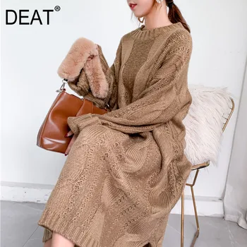 DEAT 2020 nové kolo krku svietidla rukávy veľké duté z pulóver voľné dlho knits šaty žena zimný sveter 19F-a142-04