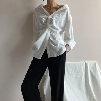 DEAT 2021 nové jarné módne ženy oblečenie Nepravidelné V Vedú Tričko Jarné Oblečenie asymetrické kórejský dievčenské tričko WD75300L
