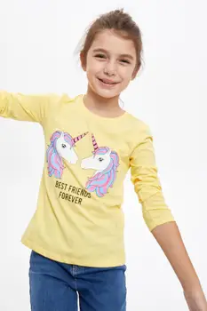 DeFacto Jeseň Girl Topy Tees Dievča Jednorožec Vytlačené T-Shirt Deti Deti Pletené Estetika Módne Novej Sezóny-S6594A620AU