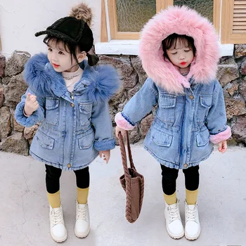 Deti Bunda na Zimu Baby Girl Denim Jacket Plus Teplé Kožušiny Batoľa Dievča vrchné oblečenie Úlety denim jacket Deti Detská Dievča Vetrovka