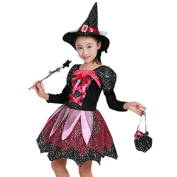 Deti, Dievčatá Halloween Cosplay Čarodejnice Sukne, Šaty, Kostým, Oblek s Klobúkom Prútik Candy Bag pre Prázdninový Karneval, Maškarný Party