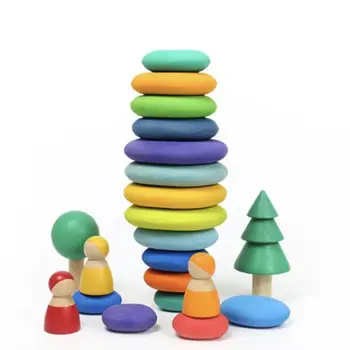 Deti Drevené Rainbow Plochý Kameň Stohovanie Hra Stavebným Deti Kreatívne Vzdelávacie Hračka