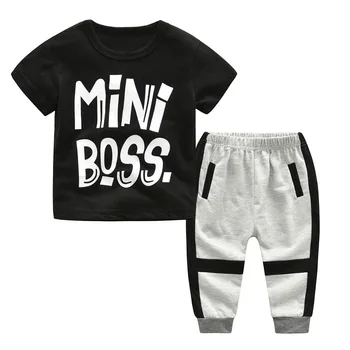 Detská Baby Deti Chlapcov Kolo Boss Mini Boss List Vytlačiť T-Shirt Top Nohavice 2 Ks Set detské Oblečenie Pre Menino