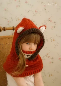 Detské jesenné a zimné nový plášť maska fox vlna klobúk, šatka teplé ušné chrániče