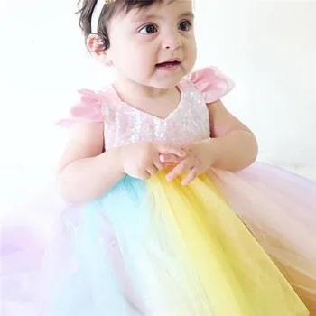 Detské oblečenie Batoľa, Dieťa, Dieťa Dievča bez Rukávov Rainbow Sequined Čipky Princezná Romper Šaty #3O25