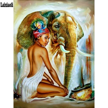 Diamond Mozaiky 5D DIY Výšivky Diamond Maľovanie africkej ženy a Slon 3d Obraz Drahokamu Plné Námestie, umenie Domova