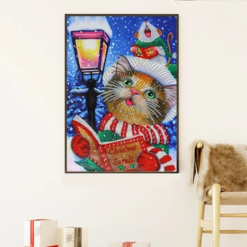 Diamond Mozaiky Mačka DIY Diamond Maľovanie Cartoon Vianočné priania Čiastočné Námestie Vŕtať Noc Sneh Scény Obraz Drahokamu