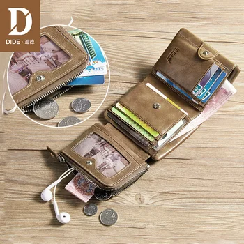 DIDE Nové originálne kožené peňaženky pre mužov kabelku Vintage Malé Peňaženky Muž Držiteľa Karty Tri-fold Zips Mince Kabelku DQ595