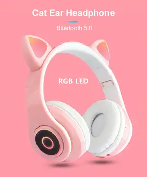 Dievča, Dcéra Darček Cute Cat Bluetooth 5.0 Slúchadlá Bezdrôtové Hifi Hudbu Stereo Bass Slúchadlá, LED Svetlo, Mobilných Telefónov, Headset