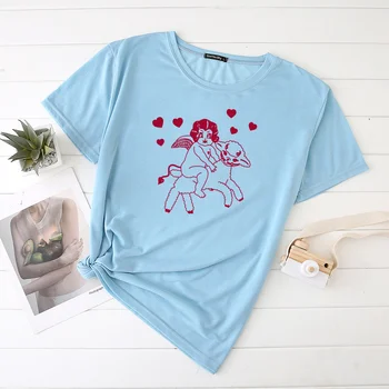 Dievča Jazda Ovce Zábavné Vytlačiť Žena Tshirts Biele, Ružové a Nadrozmerné Topy pre Ženy Móda Harajuku Tričko Voľné Streetwear Oblečenie