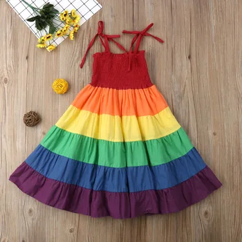 Dievča Pruhované Šaty 2019 Nové Letné Plážové Šaty Deti Oblečenie Princezná Šaty Rainbow Dizajn 2-7 Rokov Dievča Oblečenie Šaty