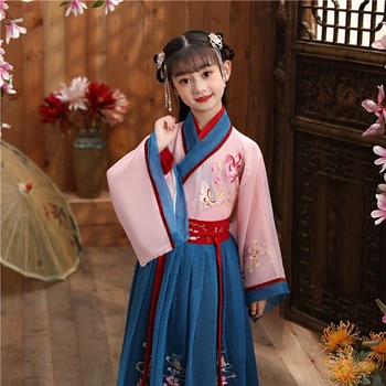 Dievča Vyšívať HanFu Princess Narodeniny Party Dance Vykonávať Šaty Pre Deti Tradičné Čínske Dlhé Svadobné Kvetina Dievča Šaty