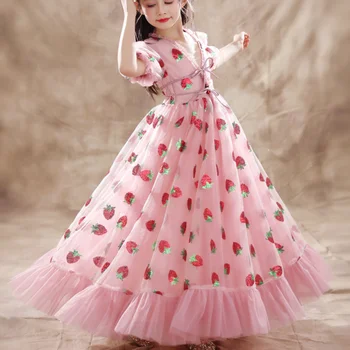 Dievčatká Narodeniny Party Deti Jahoda sequined Vytlačené Lete tvaru lístkového rukáv oka plesové šaty, dlhé šaty