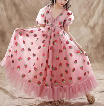 Dievčatká Narodeniny Party Deti Jahoda sequined Vytlačené Lete tvaru lístkového rukáv oka plesové šaty, dlhé šaty