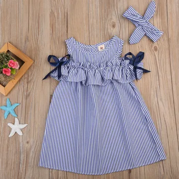 Dievčatá Šaty 2018 Nové Letné Šaty Batoľa Detský Baby Dievčatá Krásne Narodeniny Oblečenie Modré Pruhované Off-ramenný Volánikmi Party Šaty