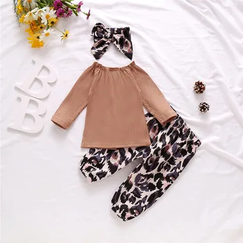 Dieťa Dievča Oblečenie 2020 Novorodenca Dlhý Rukáv Rebrovania Tshirts Leopard Tlač Voľné Nohavice Luk hlavový most 3ks Oblečenia