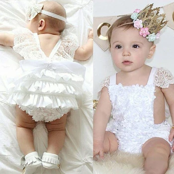 Dieťa Dievča Oblečenie Čipky Kvetinový Kombinézu Sunsuit Oblečenie Krásne Biele Čipky Baby Kombinézach 0-18 Mesiacov na Narodeninovej Party Kombinézach
