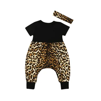 Dieťa Romper 2019 Lete Dieťa Dieťa Dievča Oblečenie Leopard Tlač Krátky Rukáv Romper hlavový most 2ks Letné Oblečenie