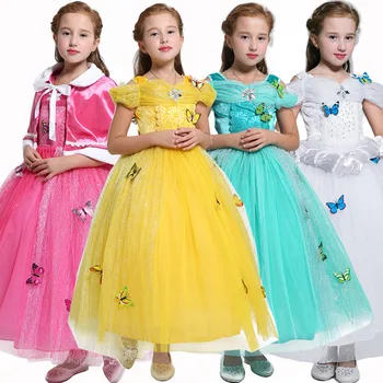 Dieťa Ružová, Žltá, Biela, Modrá Lete Členok Dĺžka Princezná Cendrillon Šaty s Motýle Pripojené Dievčatá Úlohu Hrať Party Šaty